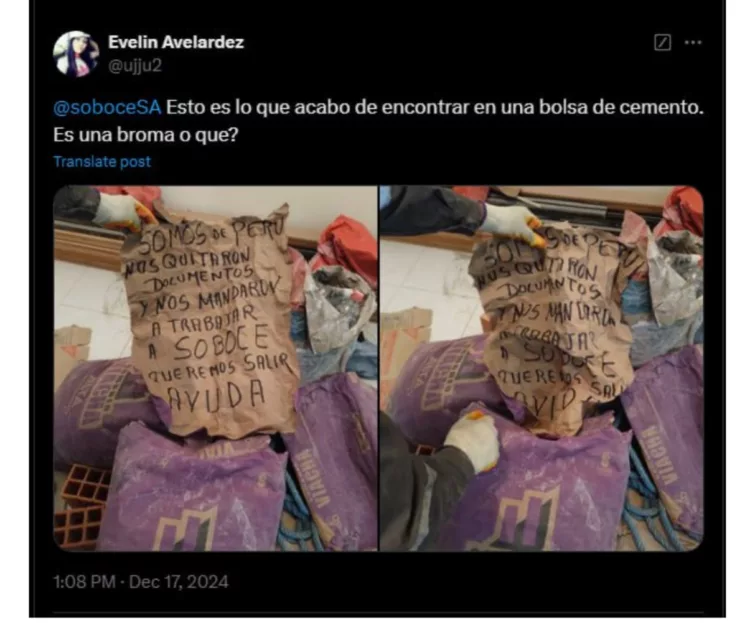 Se halló una nota de trabajadores peruanos esclavizados en una fábrica de cemento en Bolivia